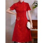 Chinese Vintage A-line Cheongsam, Short Sleeve Frog Button Mandarin Collar Dress, Women's Clothing