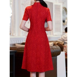 Chinese Vintage A-line Cheongsam, Short Sleeve Frog Button Mandarin Collar Dress, Women's Clothing