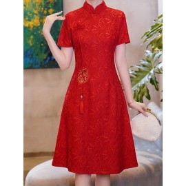 Chinese Vintage A-line Cheongsam, Short Sleeve Frog Button Mandarin Collar Dress, Women's Clothing