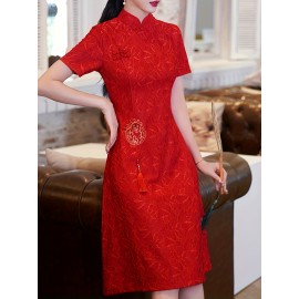 Chinese Vintage A-line Cheongsam, Short Sleeve Frog Button Mandarin Collar Dress, Women's Clothing