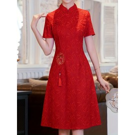 Chinese Vintage A-line Cheongsam, Short Sleeve Frog Button Mandarin Collar Dress, Women's Clothing