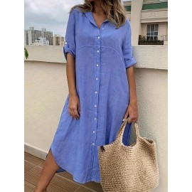 Solid Shirt Dress, Casual Dress For Spring & Summer, Women's Clothing