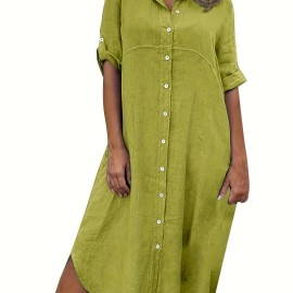 Solid Shirt Dress, Casual Dress For Spring & Summer, Women's Clothing