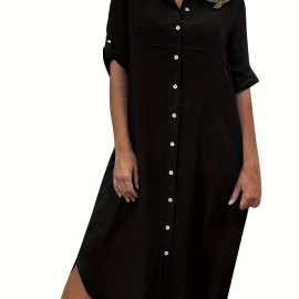 Solid Shirt Dress, Casual Dress For Spring & Summer, Women's Clothing