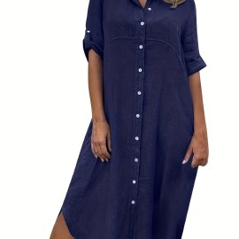 Solid Shirt Dress, Casual Dress For Spring & Summer, Women's Clothing