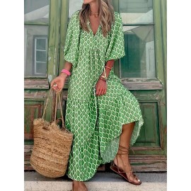 Vacation Tiered Maxi Dress, Lace Up Neckline Casual Dress, Women's Clothing