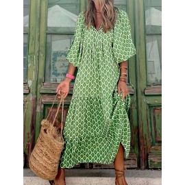 Vacation Tiered Maxi Dress, Lace Up Neckline Casual Dress, Women's Clothing