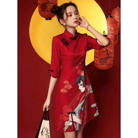 Girl Print Cheongsam Dress, Vintage Chinese Style Slim Qipao Dress, Women's Clothing