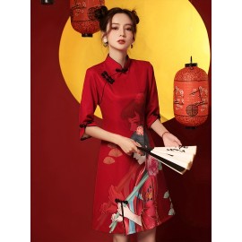 Girl Print Cheongsam Dress, Vintage Chinese Style Slim Qipao Dress, Women's Clothing