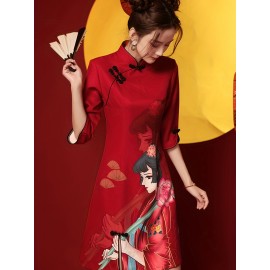 Girl Print Cheongsam Dress, Vintage Chinese Style Slim Qipao Dress, Women's Clothing