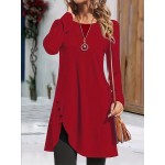 Asymmetrical Hem Solid Dress, Casual Crew Neck Long Sleeve Dress With Buttons, Women's Clothing