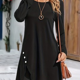 Asymmetrical Hem Solid Dress, Casual Crew Neck Long Sleeve Dress With Buttons, Women's Clothing