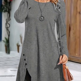 Asymmetrical Hem Solid Dress, Casual Crew Neck Long Sleeve Dress With Buttons, Women's Clothing