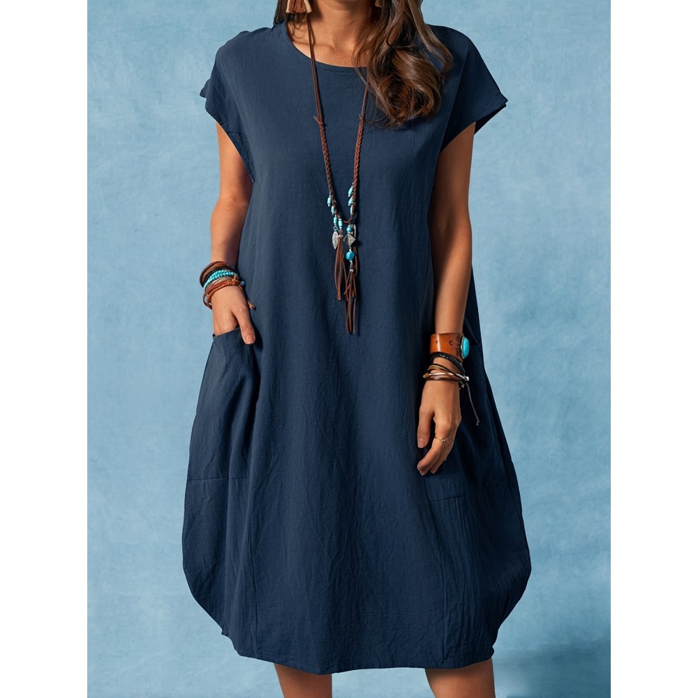 Loose Solid Dress, Solid Cap Sleeve Casual Dress For Spring & Summer, Women's Clothing