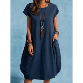 Loose Solid Dress, Solid Cap Sleeve Casual Dress For Spring & Summer, Women's Clothing