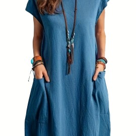 Loose Solid Dress, Solid Cap Sleeve Casual Dress For Spring & Summer, Women's Clothing