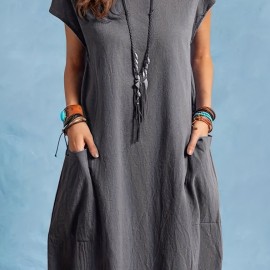 Loose Solid Dress, Solid Cap Sleeve Casual Dress For Spring & Summer, Women's Clothing