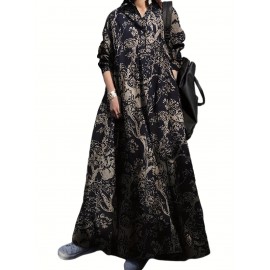 Vintage Graphic Print V-neck Dress, Elegant Long Sleeve Maxi Dress For Spring & Fall, Women's Clothing