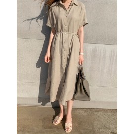 Solid Button Front Dress, Casual Short Sleeve Maxi Dress With A Collar, Women's Clothing