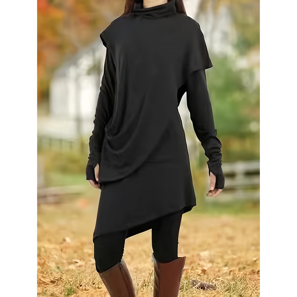 Stylish Mock Neck Dress, Casual Long Sleeve Irregular Hem Dress, Women's Clothing