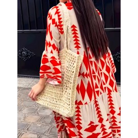 Geometric Print Loose Dress, Long Sleeve V-neck Ankle Dress, Casual Every Day Dress, Women's Clothing