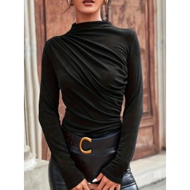 Ruched Mock Neck T-Shirt, Casual Long Sleeve Top For Spring & Fall, Women's Clothing