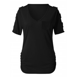 Women's T-shirt Solid Crew Neck Fashion Cutout Short-Sleeve T-Shirt