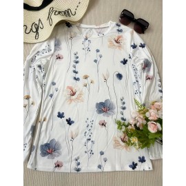 Floral Print Crew Neck T-Shirt, Casual Long Sleeve T-Shirt For Spring & Fall, Women's Clothing