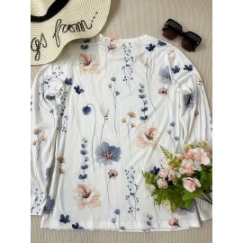 Floral Print Crew Neck T-Shirt, Casual Long Sleeve T-Shirt For Spring & Fall, Women's Clothing