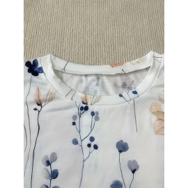 Floral Print Crew Neck T-Shirt, Casual Long Sleeve T-Shirt For Spring & Fall, Women's Clothing