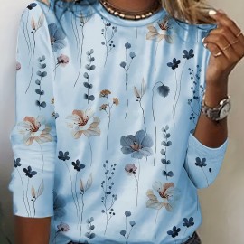 Floral Print Crew Neck T-Shirt, Casual Long Sleeve T-Shirt For Spring & Fall, Women's Clothing