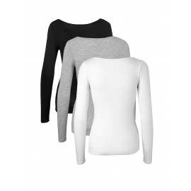 3 Packs Solid Crew Neck T-Shirts, Casual Long Sleeve Top For Spring & Fall, Women's Clothing