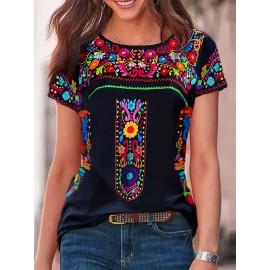 Floral Print Ethnic T-shirt, Boho Crew Neck Short Sleeve Summer T-shirt, Women's Clothing