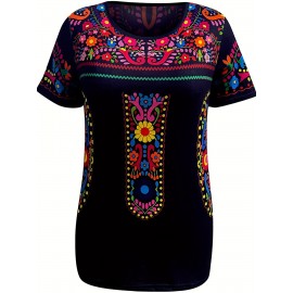 Floral Print Ethnic T-shirt, Boho Crew Neck Short Sleeve Summer T-shirt, Women's Clothing