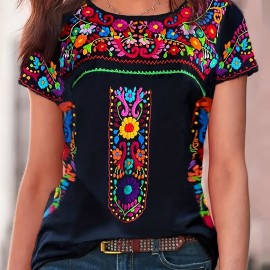 Floral Print Ethnic T-shirt, Boho Crew Neck Short Sleeve Summer T-shirt, Women's Clothing