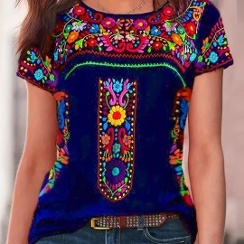 Floral Print Ethnic T-shirt, Boho Crew Neck Short Sleeve Summer T-shirt, Women's Clothing