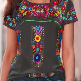 Floral Print Ethnic T-shirt, Boho Crew Neck Short Sleeve Summer T-shirt, Women's Clothing