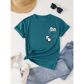 Panda Print Crew Neck T-Shirt, Casual Short Sleeve T-Shirt For Spring & Summer, Women's Clothing