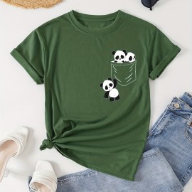 Panda Print Crew Neck T-Shirt, Casual Short Sleeve T-Shirt For Spring & Summer, Women's Clothing