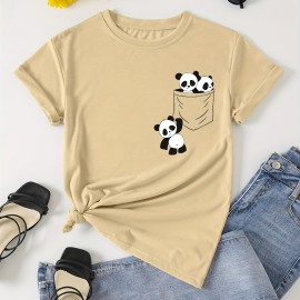 Panda Print Crew Neck T-Shirt, Casual Short Sleeve T-Shirt For Spring & Summer, Women's Clothing