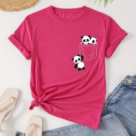 Panda Print Crew Neck T-Shirt, Casual Short Sleeve T-Shirt For Spring & Summer, Women's Clothing