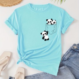 Panda Print Crew Neck T-Shirt, Casual Short Sleeve T-Shirt For Spring & Summer, Women's Clothing