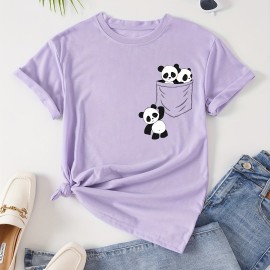 Panda Print Crew Neck T-Shirt, Casual Short Sleeve T-Shirt For Spring & Summer, Women's Clothing