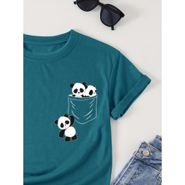 Panda Print Crew Neck T-Shirt, Casual Short Sleeve T-Shirt For Spring & Summer, Women's Clothing