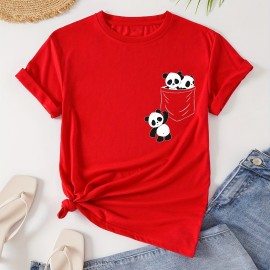 Panda Print Crew Neck T-Shirt, Casual Short Sleeve T-Shirt For Spring & Summer, Women's Clothing