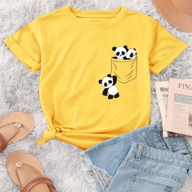 Panda Print Crew Neck T-Shirt, Casual Short Sleeve T-Shirt For Spring & Summer, Women's Clothing