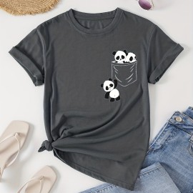 Panda Print Crew Neck T-Shirt, Casual Short Sleeve T-Shirt For Spring & Summer, Women's Clothing