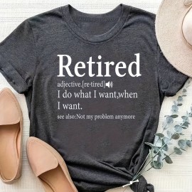 Retired Print Crew Neck T-shirt, Casual Short Sleeve Top For Spring & Summer, Women's Clothing