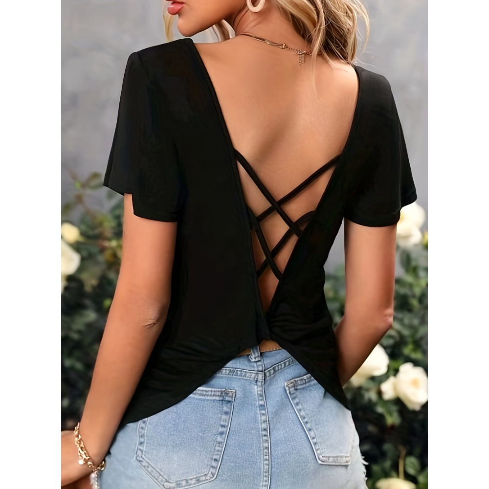 Solid Criss Cross Back V-neck T-Shirt, Casual Flutter Sleeve T-Shirt For Spring & Summer, Women's Clothing