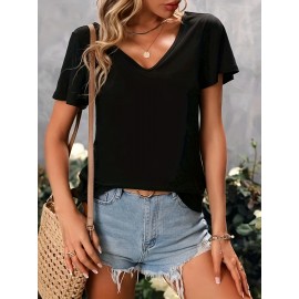 Solid Criss Cross Back V-neck T-Shirt, Casual Flutter Sleeve T-Shirt For Spring & Summer, Women's Clothing